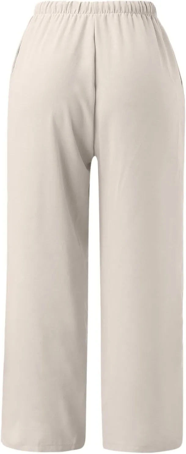 2023 Womens Lace Trim Pants Wide Straight Leg Casual Loose Pants Yoga Sweatpants Comfy High Waisted Lounge Pajama Trousers