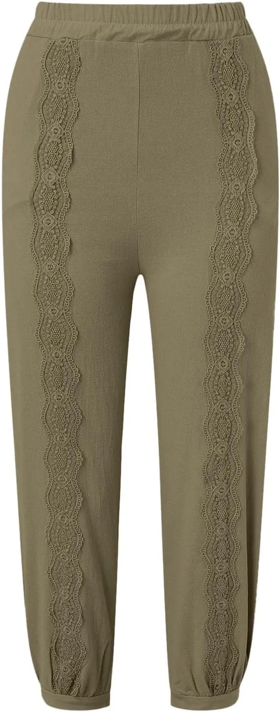 2023 Womens Lace Trim Pants Wide Straight Leg Casual Loose Pants Yoga Sweatpants Comfy High Waisted Lounge Pajama Trousers