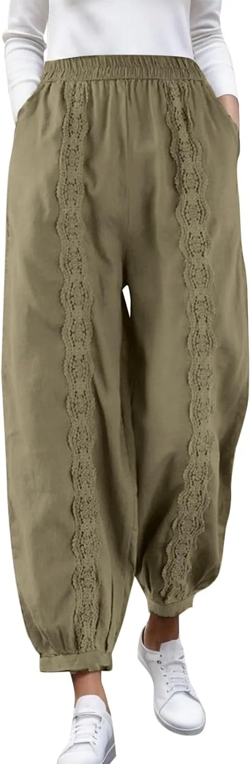 2023 Womens Lace Trim Pants Wide Straight Leg Casual Loose Pants Yoga Sweatpants Comfy High Waisted Lounge Pajama Trousers