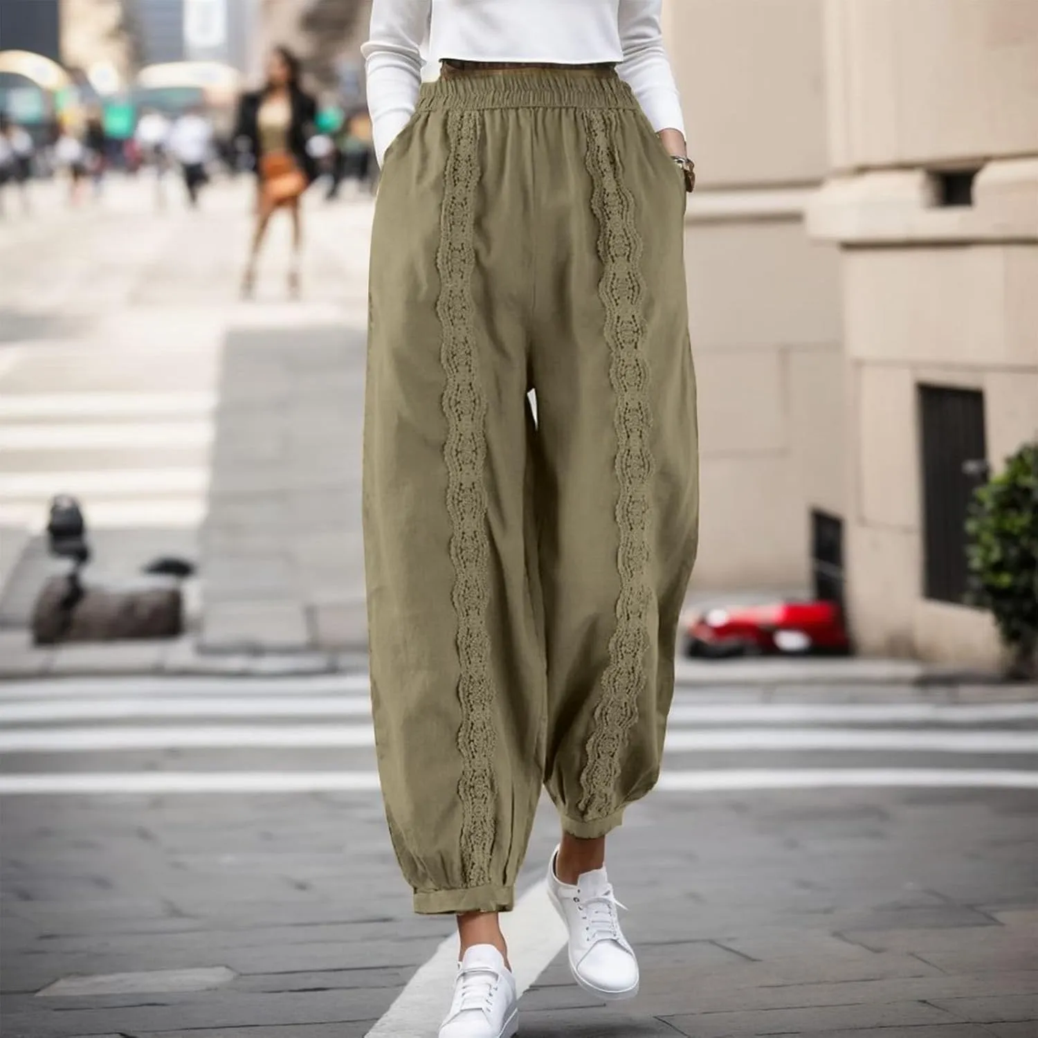 2023 Womens Lace Trim Pants Wide Straight Leg Casual Loose Pants Yoga Sweatpants Comfy High Waisted Lounge Pajama Trousers