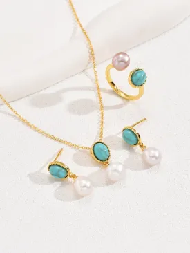 3pcs Vintage Blue Turquoise & Pearl Element Necklace Earrings And Ring