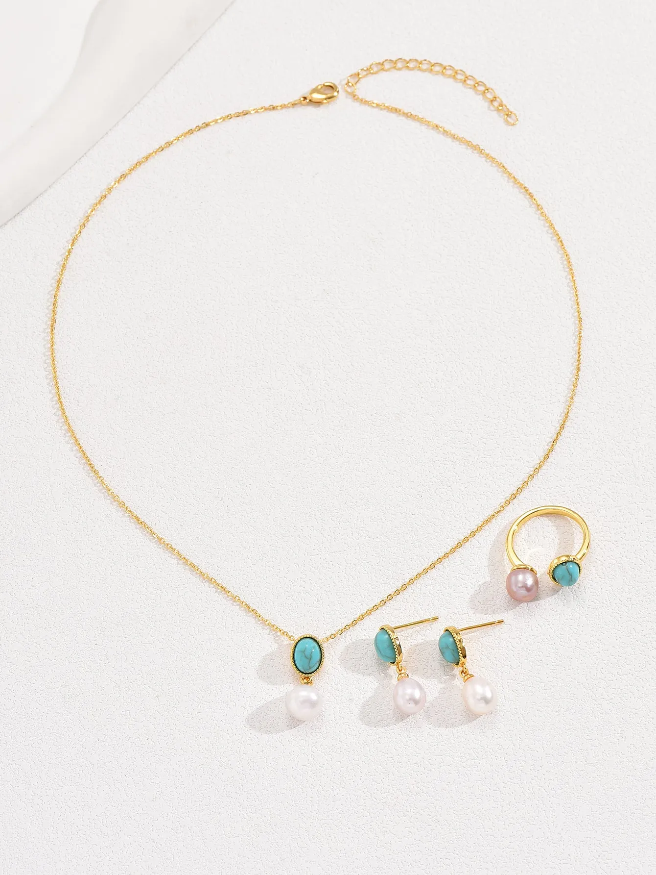 3pcs Vintage Blue Turquoise & Pearl Element Necklace Earrings And Ring