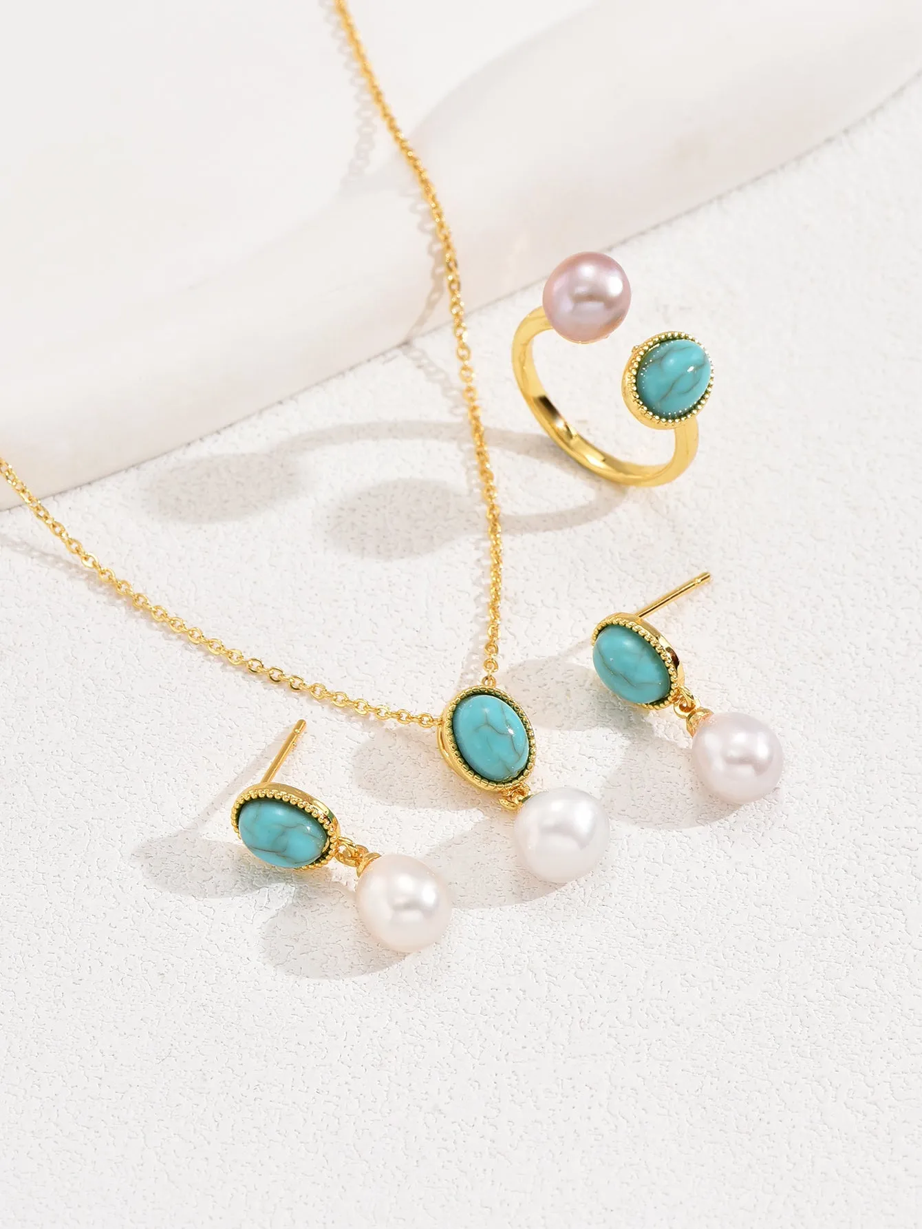 3pcs Vintage Blue Turquoise & Pearl Element Necklace Earrings And Ring