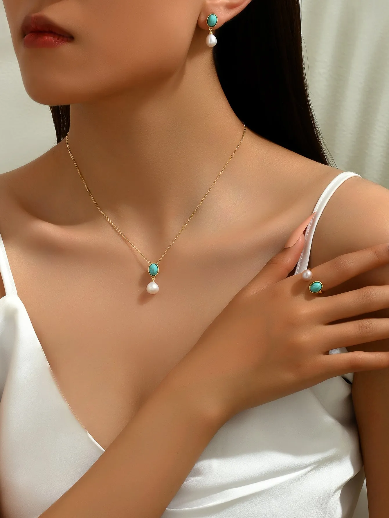 3pcs Vintage Blue Turquoise & Pearl Element Necklace Earrings And Ring