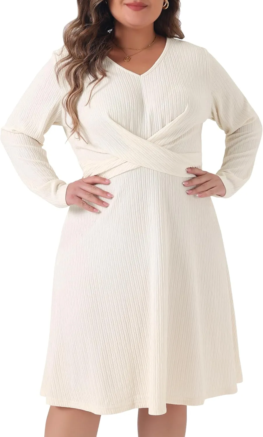 Agnes Orinda Plus Size Dresses for Women Long Sleeve Elegant Knitted Criss Cross V Neck Sweater Midi Dress