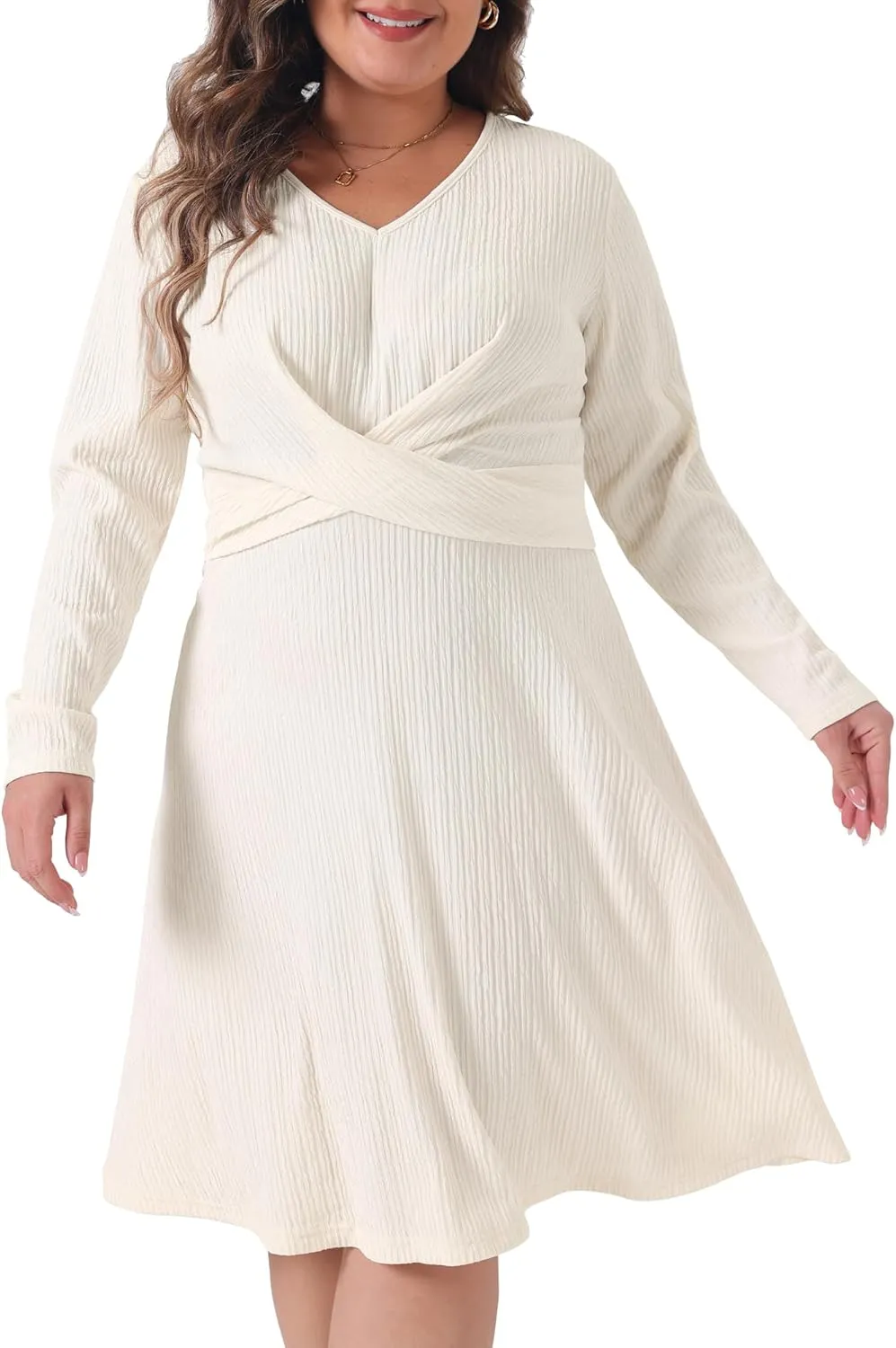 Agnes Orinda Plus Size Dresses for Women Long Sleeve Elegant Knitted Criss Cross V Neck Sweater Midi Dress