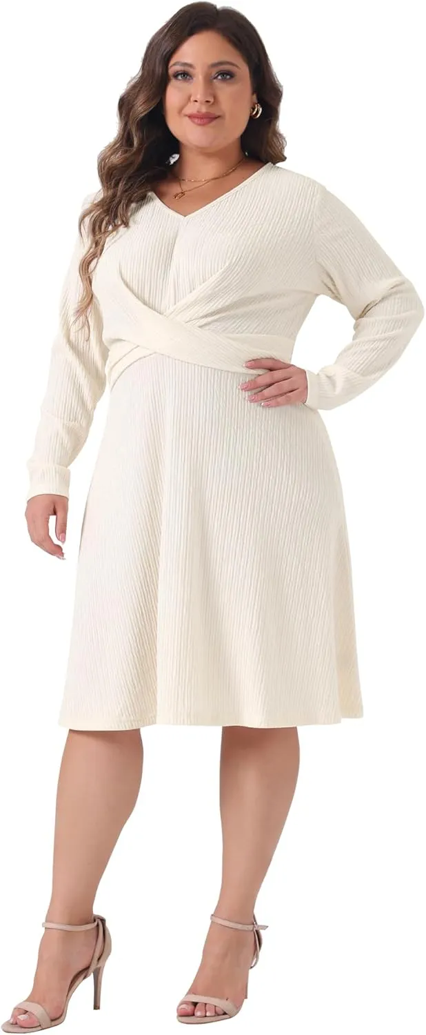 Agnes Orinda Plus Size Dresses for Women Long Sleeve Elegant Knitted Criss Cross V Neck Sweater Midi Dress
