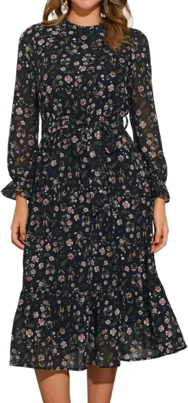 Allegra K Chiffon Floral Flowy Dress for Women's 2025 Ruffle Long Sleeve Mock Neck A-Line Midi Dresses