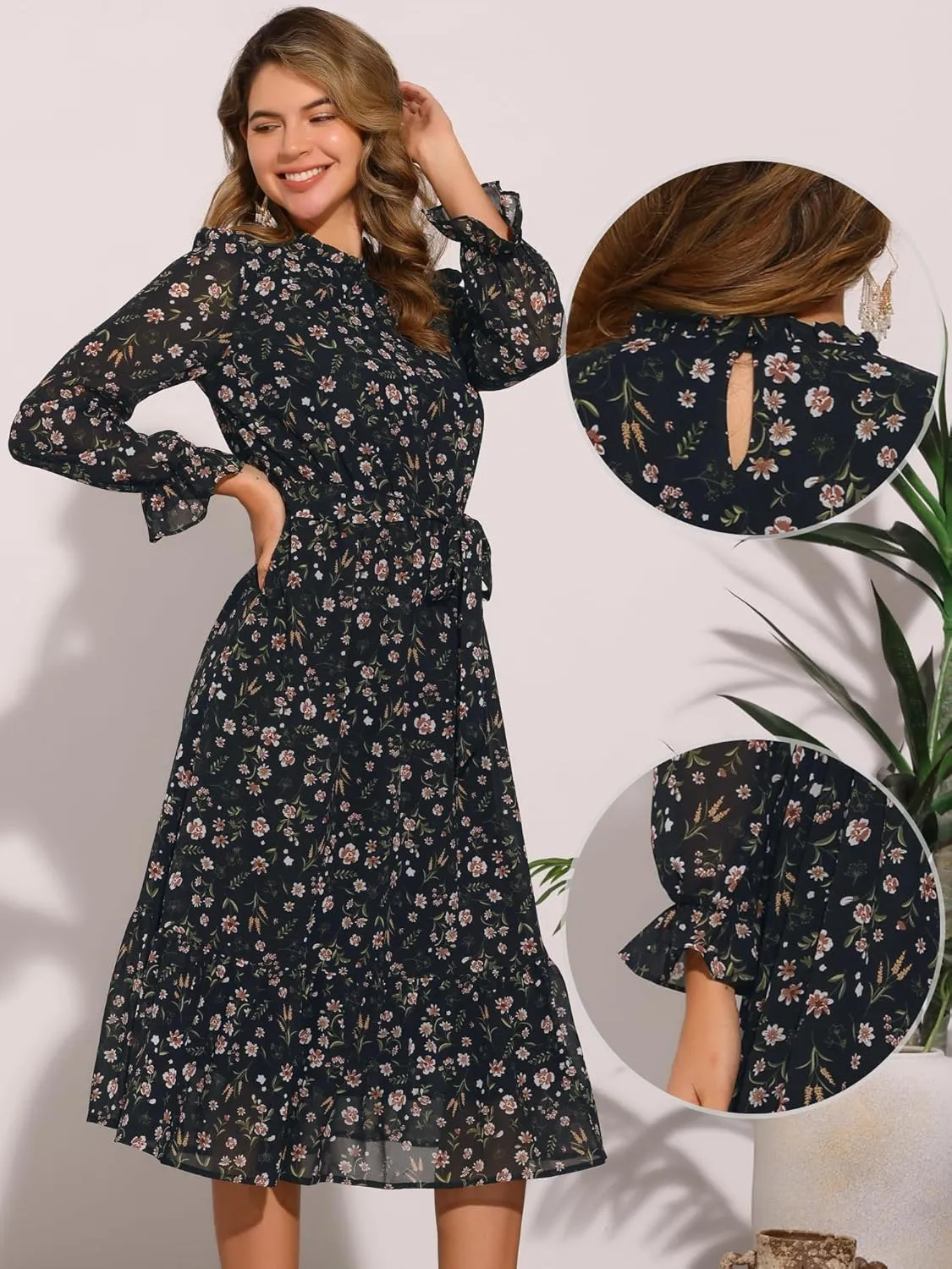Allegra K Chiffon Floral Flowy Dress for Women's 2025 Ruffle Long Sleeve Mock Neck A-Line Midi Dresses