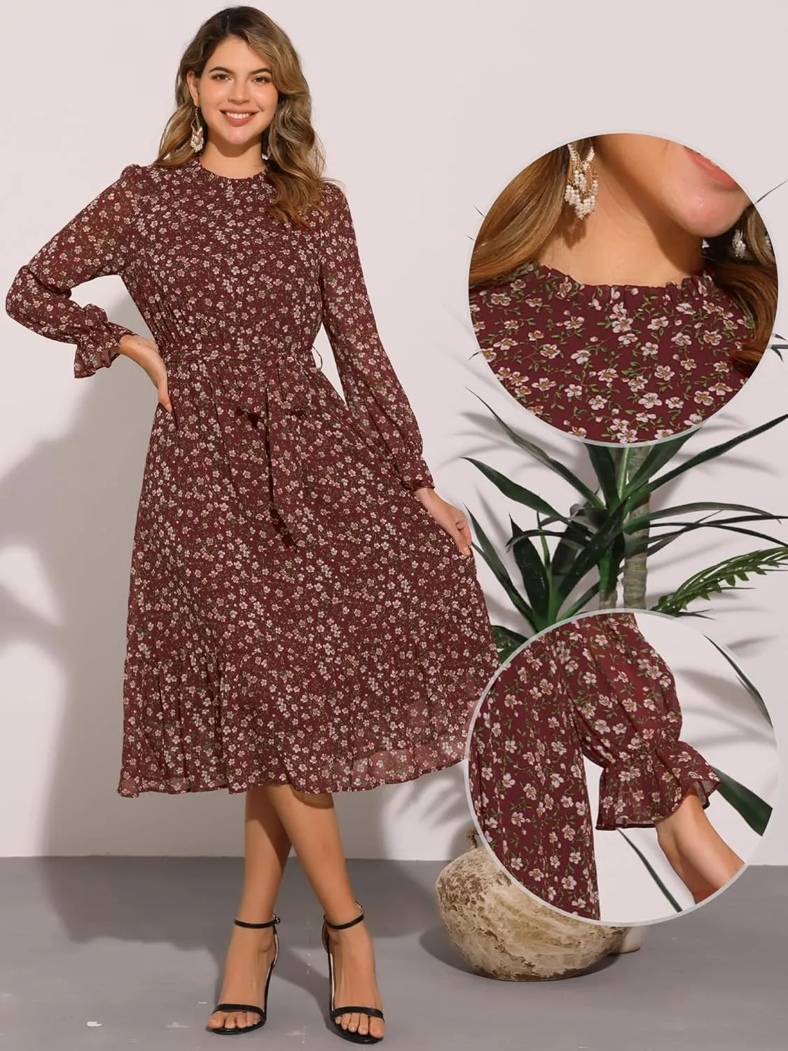 Allegra K Chiffon Floral Flowy Dress for Women's 2025 Ruffle Long Sleeve Mock Neck A-Line Midi Dresses