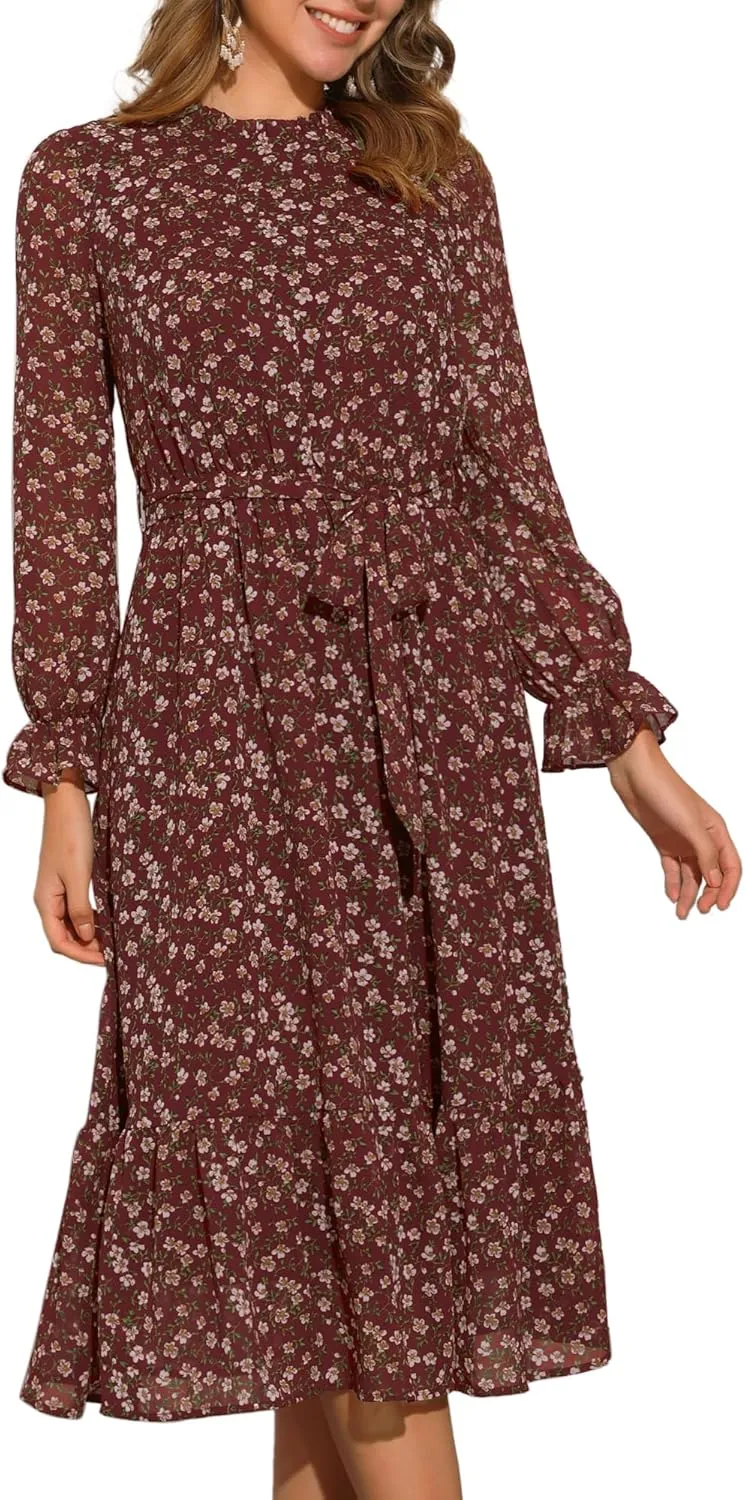 Allegra K Chiffon Floral Flowy Dress for Women's 2025 Ruffle Long Sleeve Mock Neck A-Line Midi Dresses