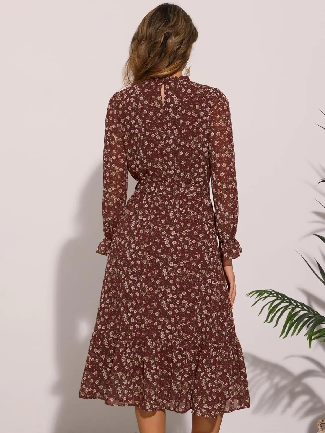 Allegra K Chiffon Floral Flowy Dress for Women's 2025 Ruffle Long Sleeve Mock Neck A-Line Midi Dresses