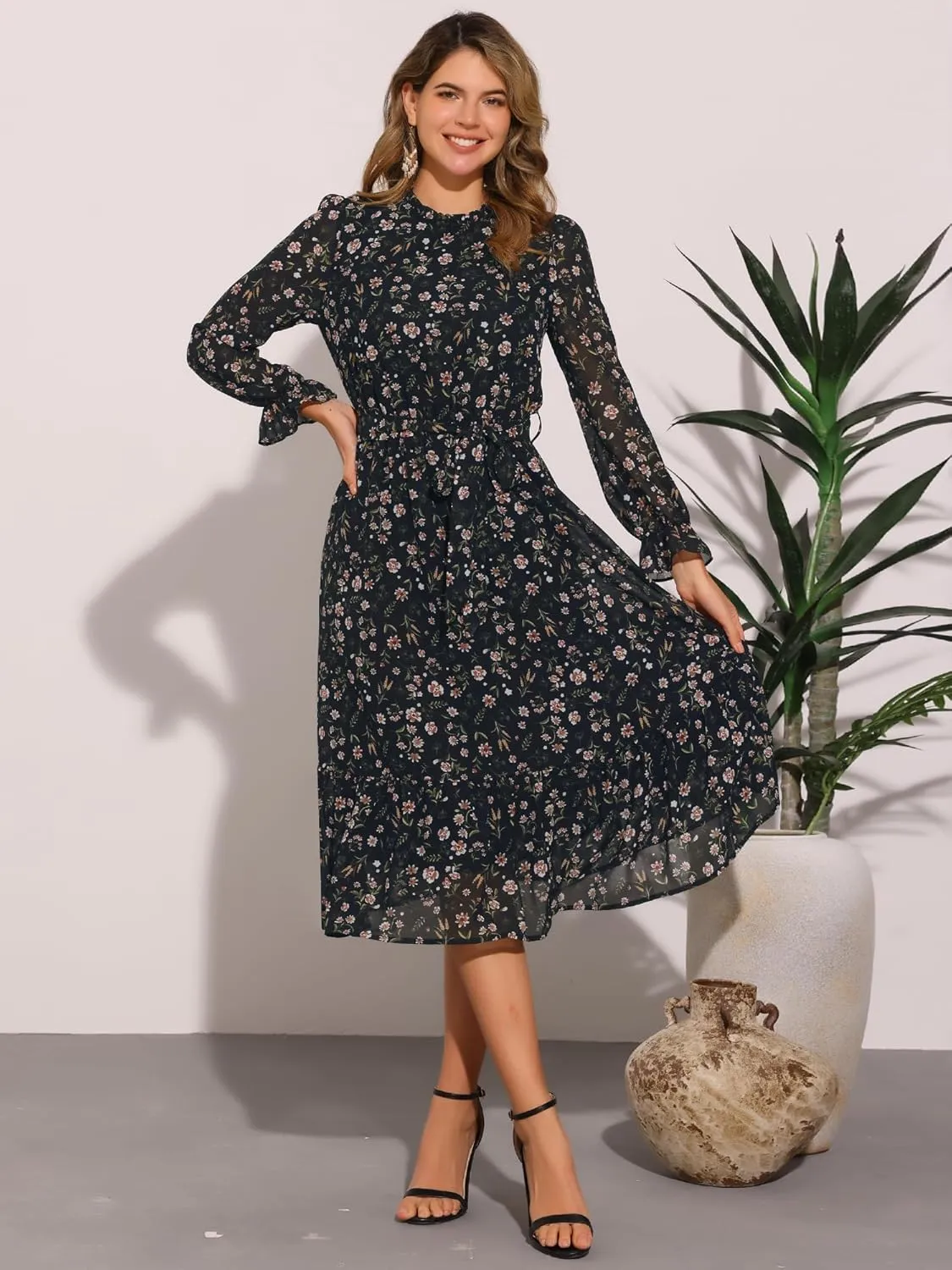 Allegra K Chiffon Floral Flowy Dress for Women's 2025 Ruffle Long Sleeve Mock Neck A-Line Midi Dresses