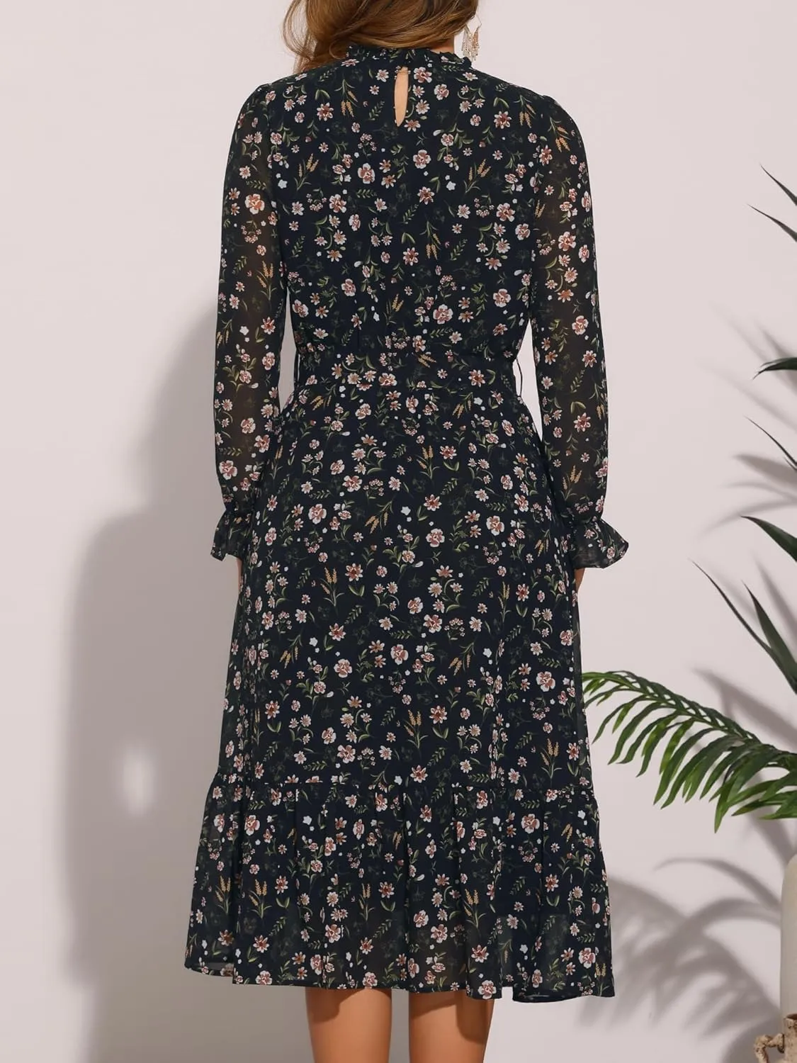 Allegra K Chiffon Floral Flowy Dress for Women's 2025 Ruffle Long Sleeve Mock Neck A-Line Midi Dresses