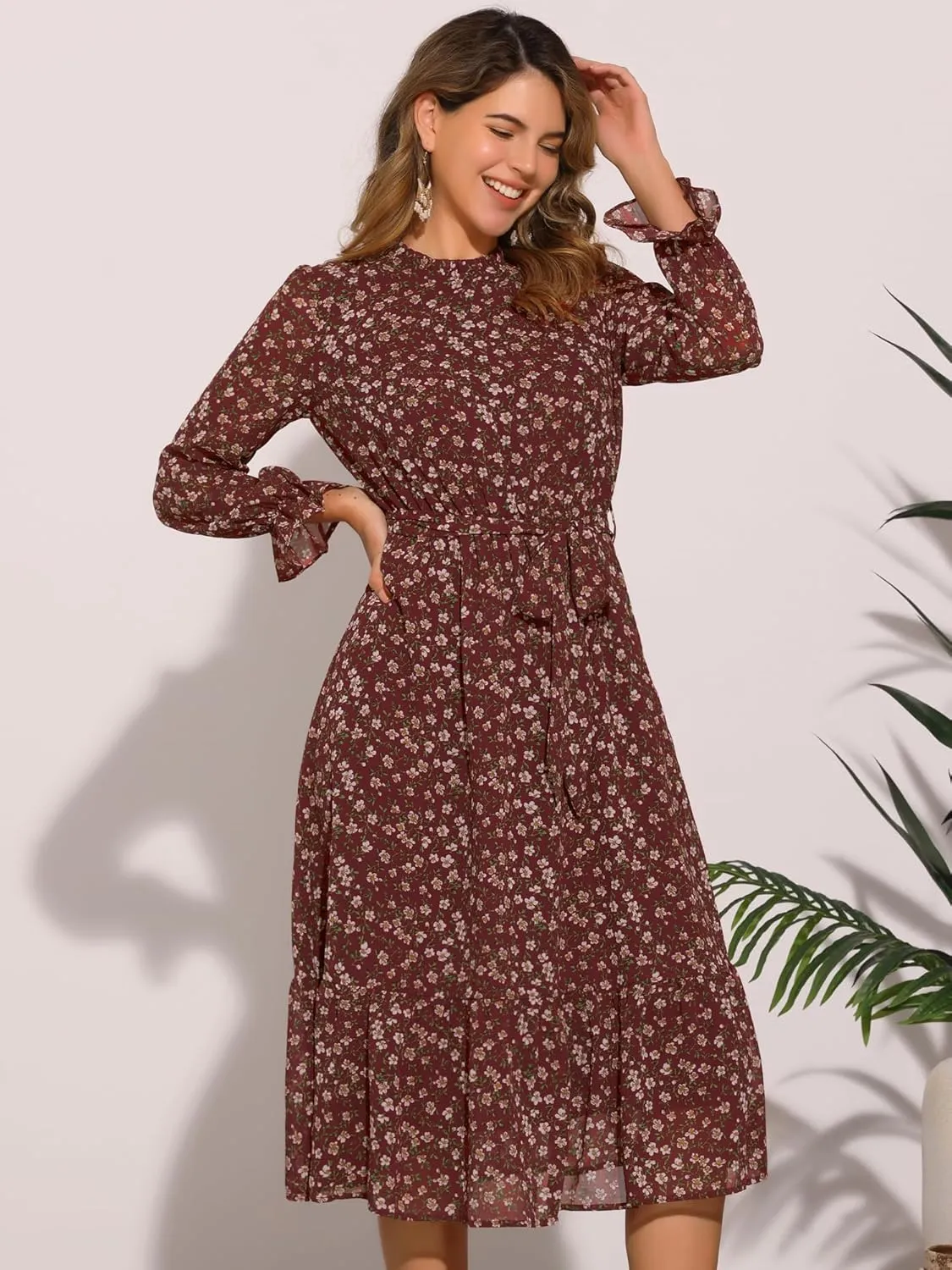 Allegra K Chiffon Floral Flowy Dress for Women's 2025 Ruffle Long Sleeve Mock Neck A-Line Midi Dresses