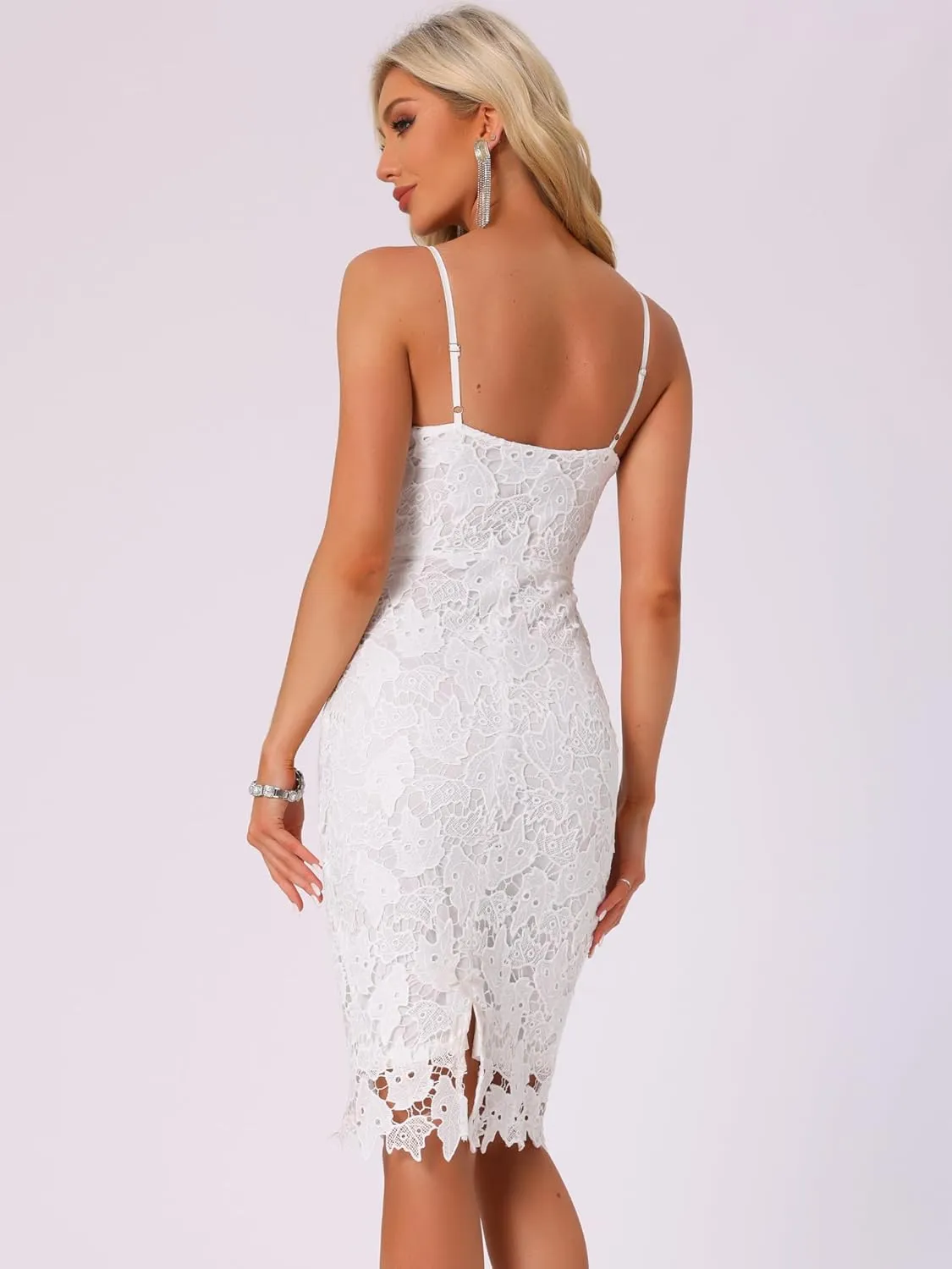 Allegra K Lace Dress for Women's Spaghetti Straps Wedding Guest Bodycon Sleeveless Party Midi Dresses