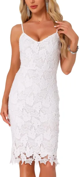 Allegra K Lace Dress for Women's Spaghetti Straps Wedding Guest Bodycon Sleeveless Party Midi Dresses