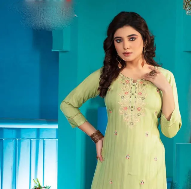 Alluring Light Green Colored  A - Line Kurti With Computer Dori Sequence Embroidery Work For Women