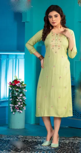 Alluring Light Green Colored  A - Line Kurti With Computer Dori Sequence Embroidery Work For Women