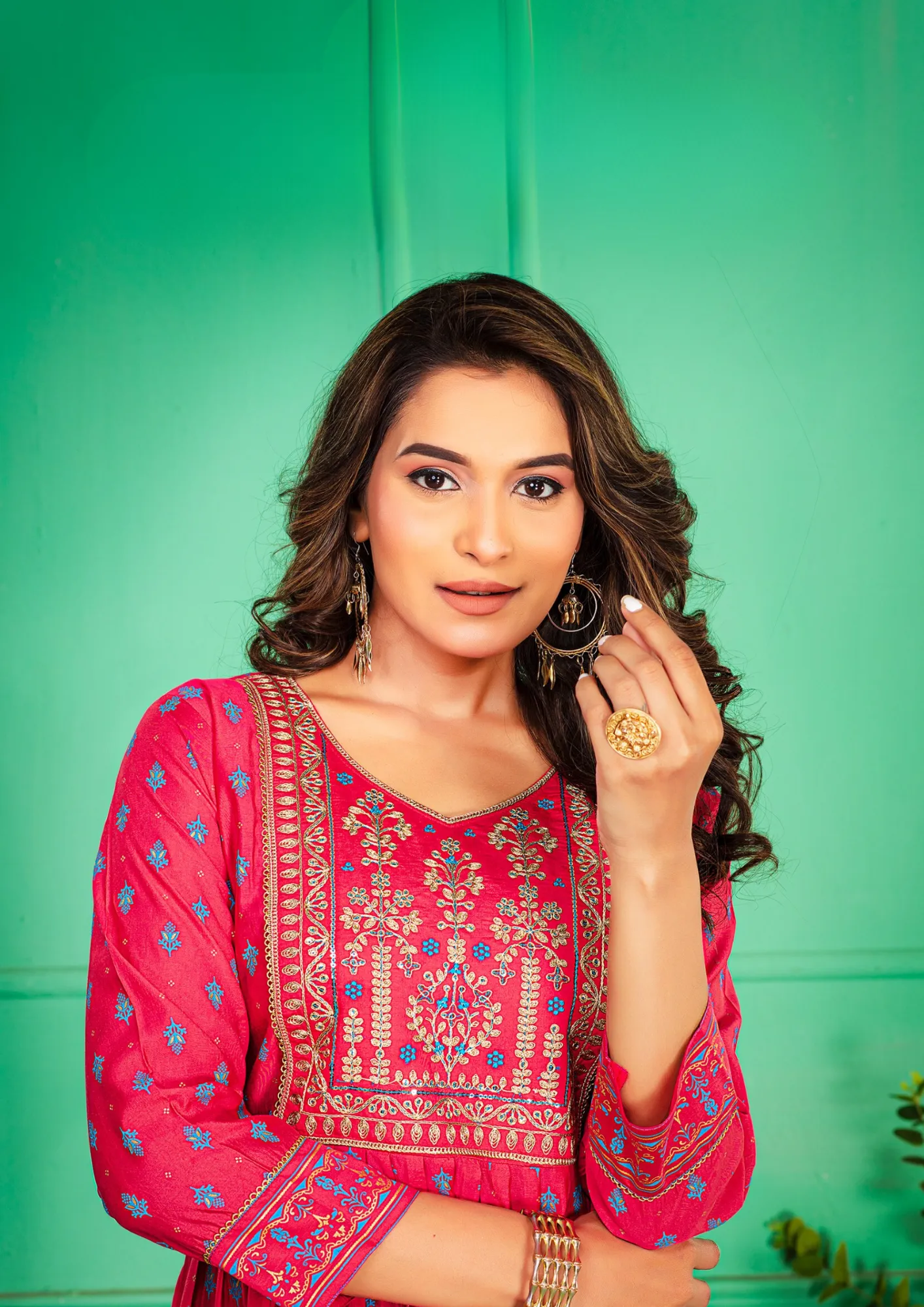 Alluring Rani Pink Color Screen Print Flared Long Kurti With Computer Embroidery Yock With Lace Kurti For Women