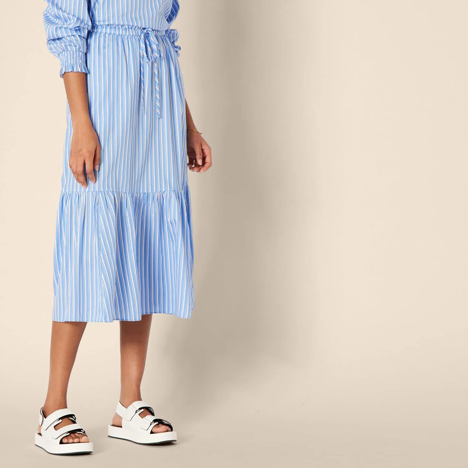 Amazon Essentials Women's Mid-Rise A-line Cotton Sateen Tiered Midi Skirt (Top Sold Separately)