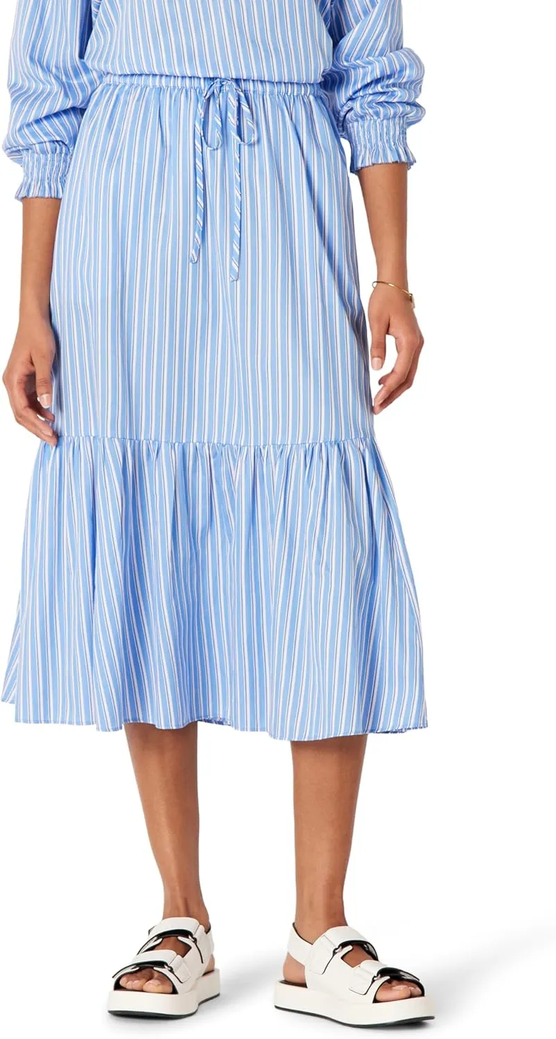 Amazon Essentials Women's Mid-Rise A-line Cotton Sateen Tiered Midi Skirt (Top Sold Separately)