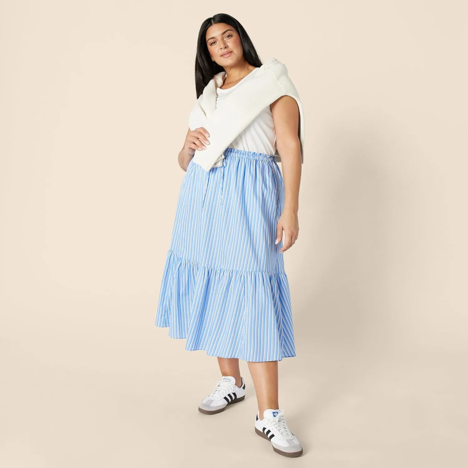 Amazon Essentials Women's Mid-Rise A-line Cotton Sateen Tiered Midi Skirt (Top Sold Separately)