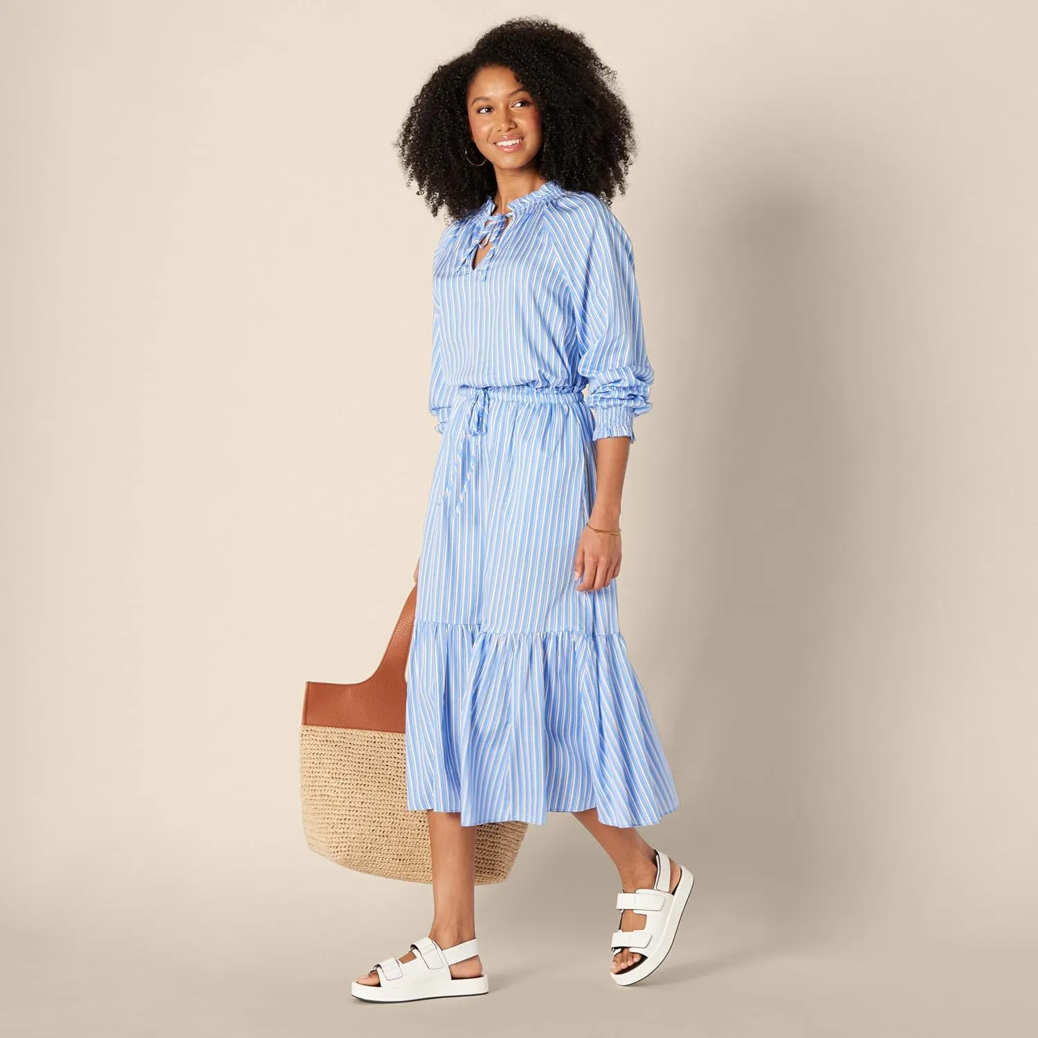 Amazon Essentials Women's Mid-Rise A-line Cotton Sateen Tiered Midi Skirt (Top Sold Separately)