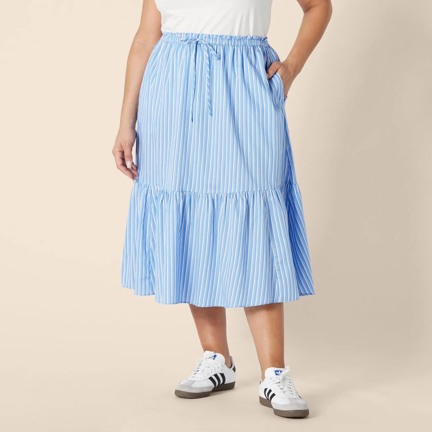 Amazon Essentials Women's Mid-Rise A-line Cotton Sateen Tiered Midi Skirt (Top Sold Separately)