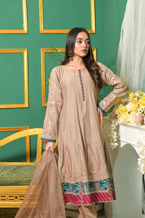 Beige A Line Formal Suit with Pink and Teal Border