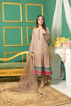 Beige A Line Formal Suit with Pink and Teal Border