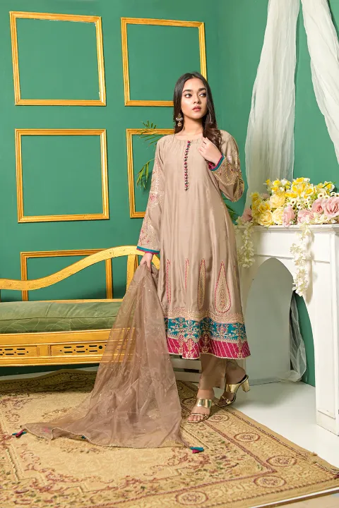 Beige A Line Formal Suit with Pink and Teal Border