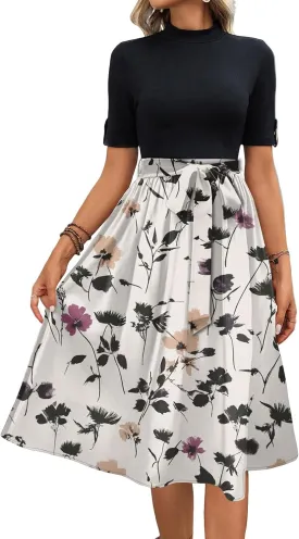 Belted Waist 2025 Women's Floral Dress Short Sleeve Round Neck Casual Chic Sundress with Pockets