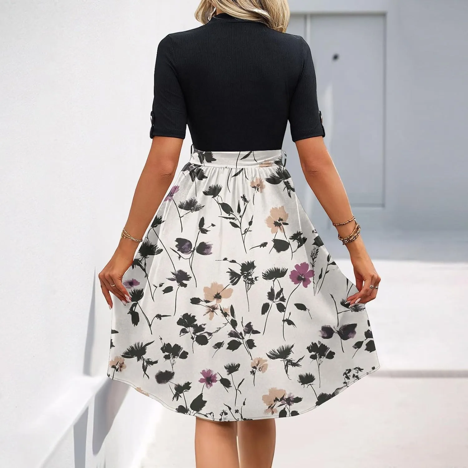 Belted Waist 2025 Women's Floral Dress Short Sleeve Round Neck Casual Chic Sundress with Pockets