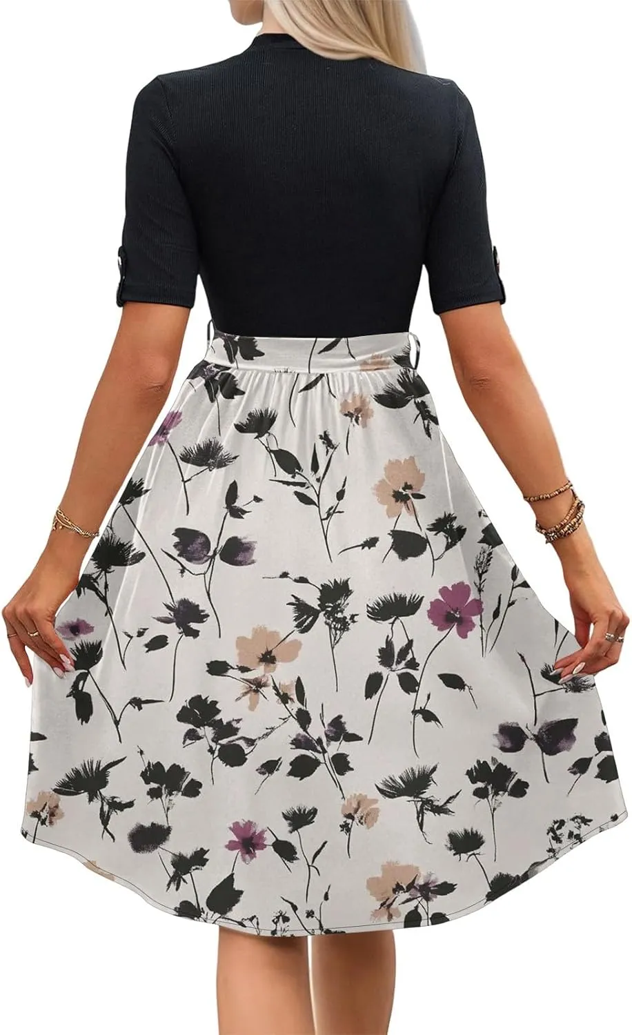 Belted Waist 2025 Women's Floral Dress Short Sleeve Round Neck Casual Chic Sundress with Pockets