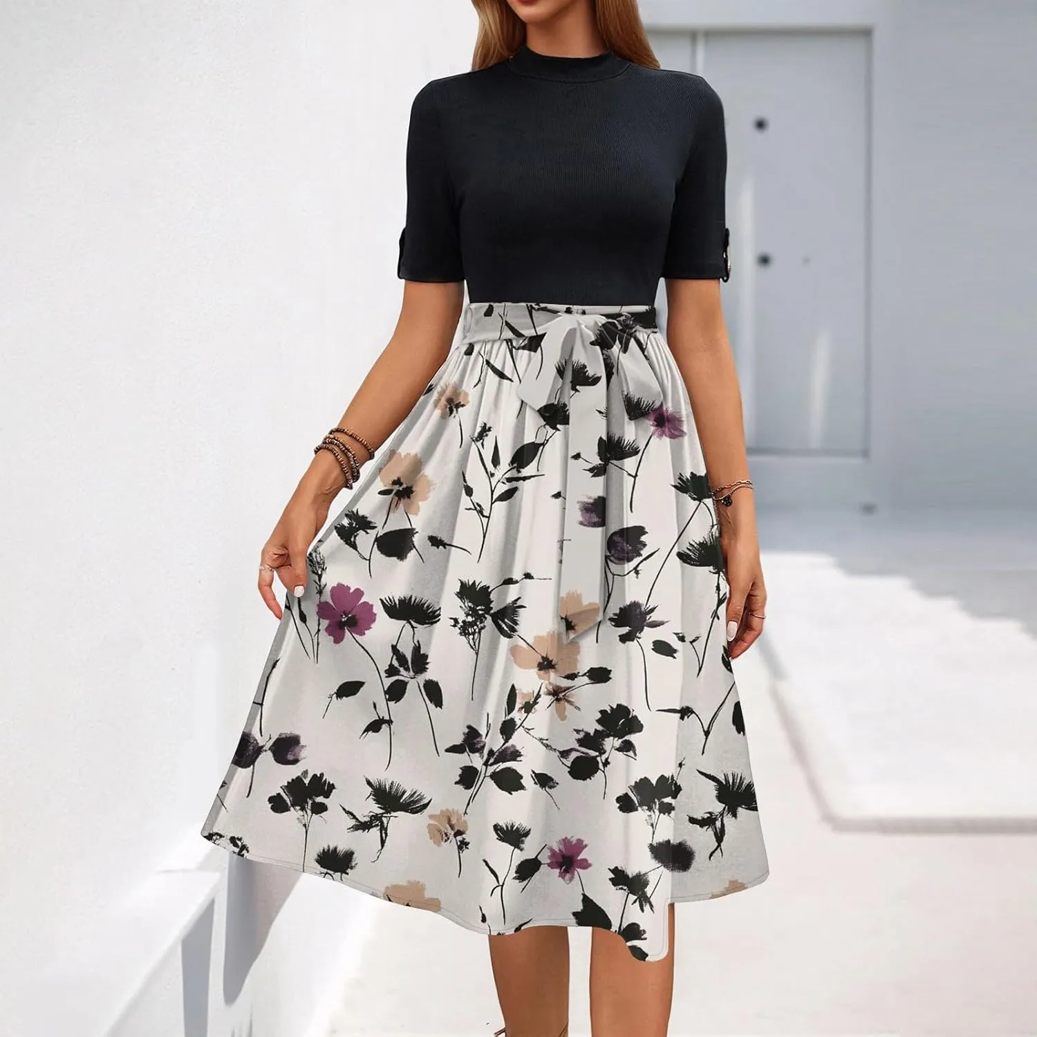 Belted Waist 2025 Women's Floral Dress Short Sleeve Round Neck Casual Chic Sundress with Pockets