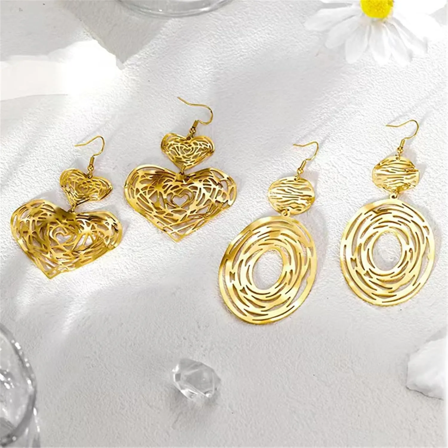 Big Gold Dangle Earrings, Hollow Out Boho Earrings for Women, Long Dangling Bohemian Earrings, Handmade Trendy Geometric Fish Hook Statement Earrings