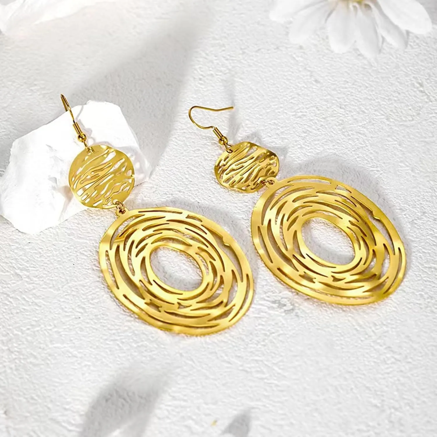 Big Gold Dangle Earrings, Hollow Out Boho Earrings for Women, Long Dangling Bohemian Earrings, Handmade Trendy Geometric Fish Hook Statement Earrings