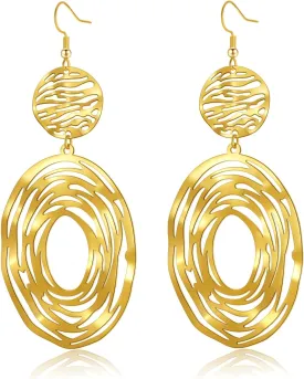 Big Gold Dangle Earrings, Hollow Out Boho Earrings for Women, Long Dangling Bohemian Earrings, Handmade Trendy Geometric Fish Hook Statement Earrings