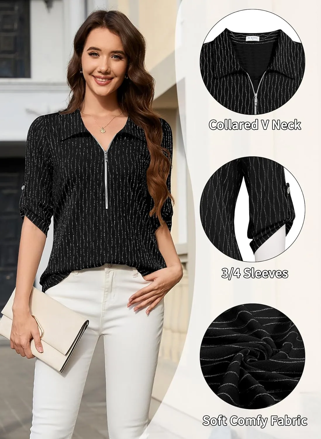 Bulotus Women's 3/4 Sleeve V-Neck Casual Plaid Tunic Shirt