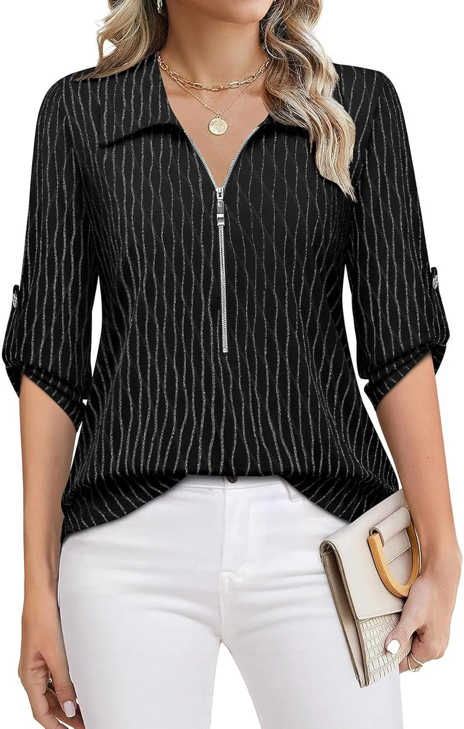 Bulotus Women's 3/4 Sleeve V-Neck Casual Plaid Tunic Shirt