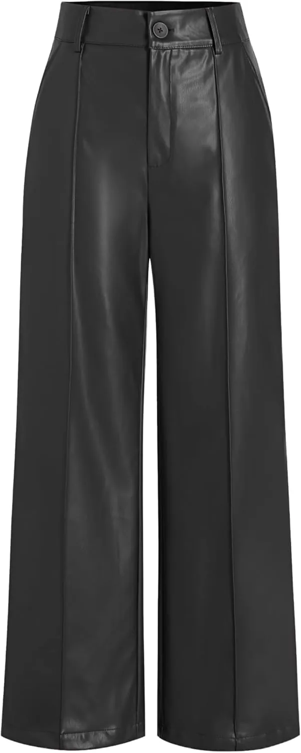 CIDER Faux Leather Solid High Waist Wide Leg Trousers