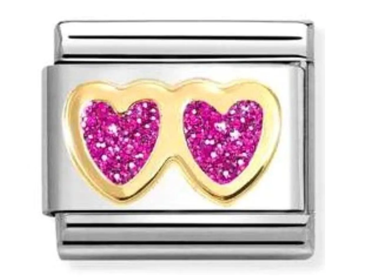 CLASSIC GLITTER , STEEL, ENAMEL,18K GOLD FUCHSIA DOUBLE HEART