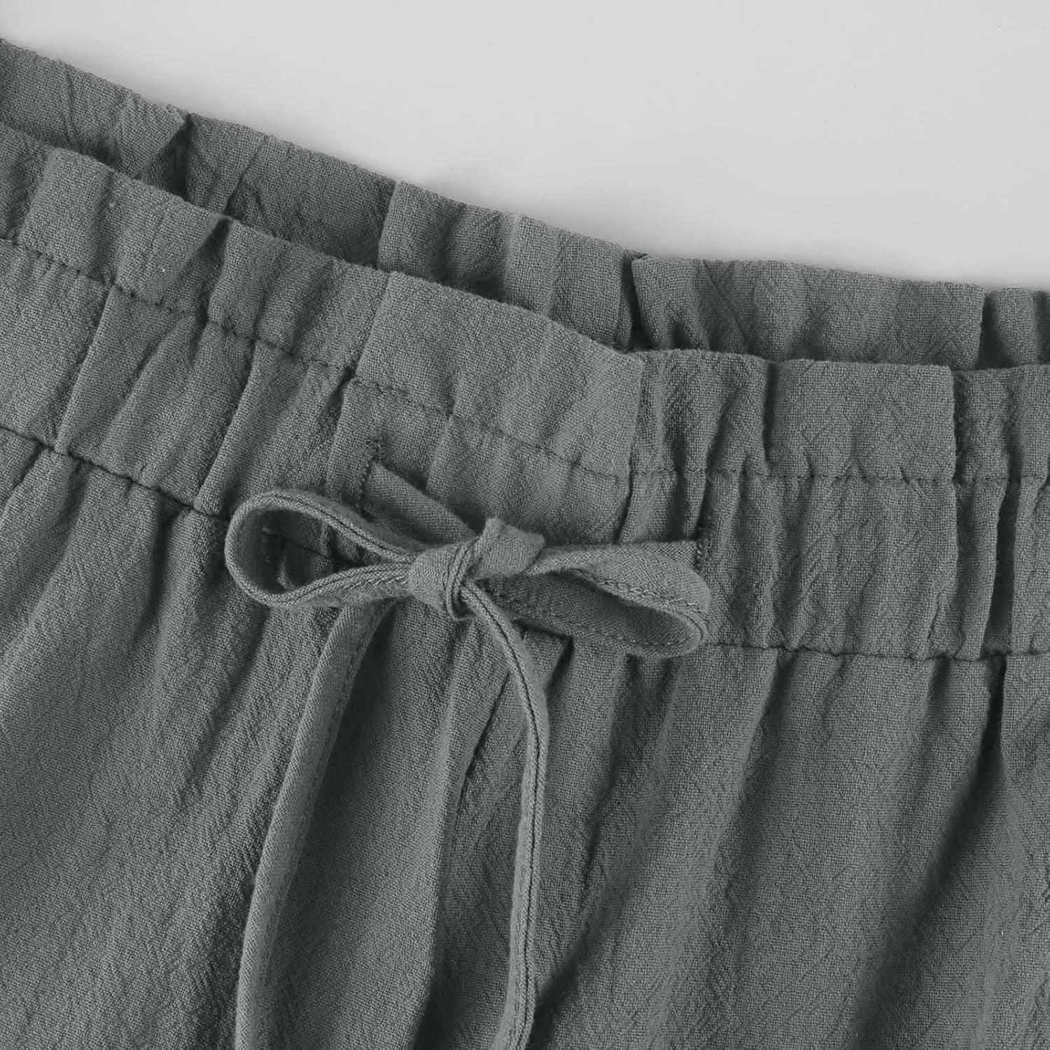 Cropped Linen Pants Women Summer Elastic Waist Wide Leg Crop Pants Casual Drawstring Lightweight Baggy Beach Trousers