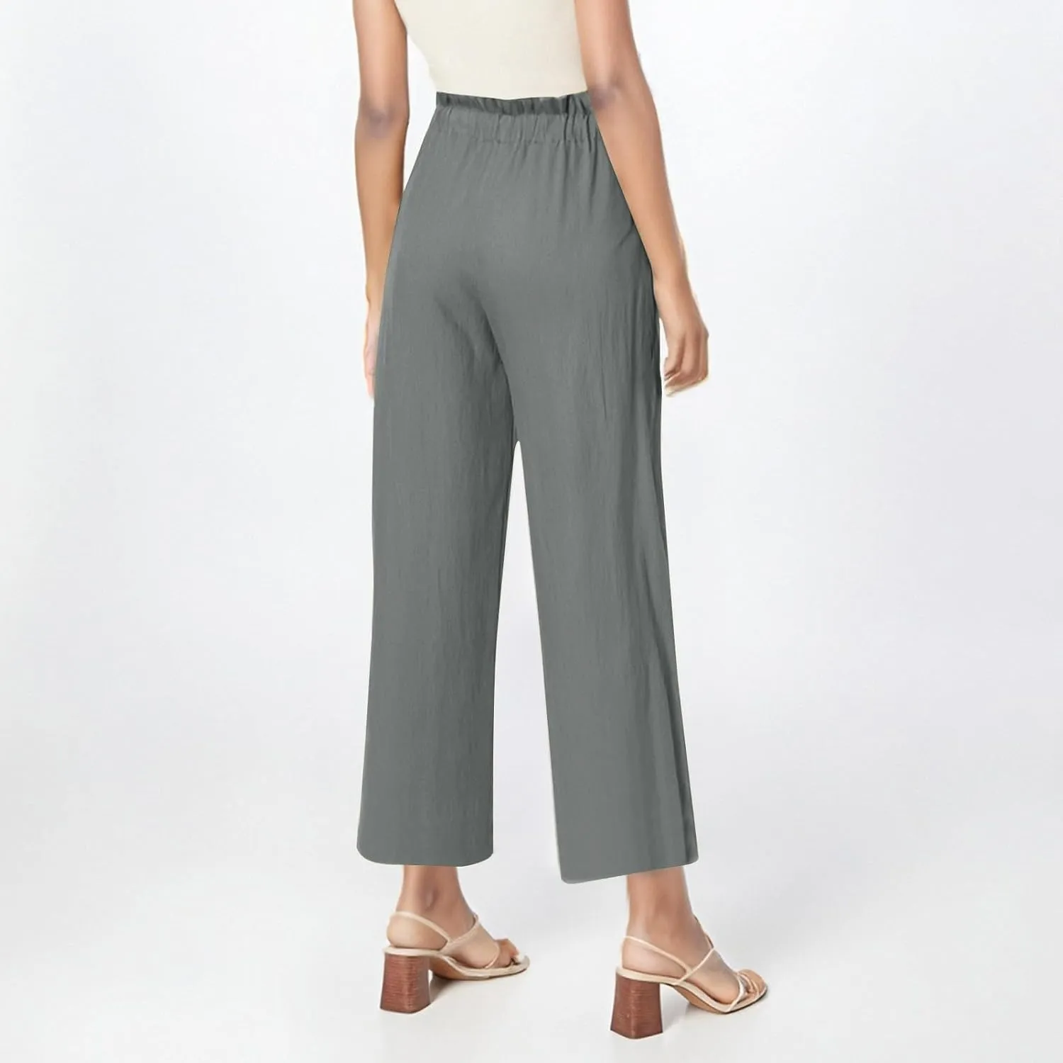 Cropped Linen Pants Women Summer Elastic Waist Wide Leg Crop Pants Casual Drawstring Lightweight Baggy Beach Trousers