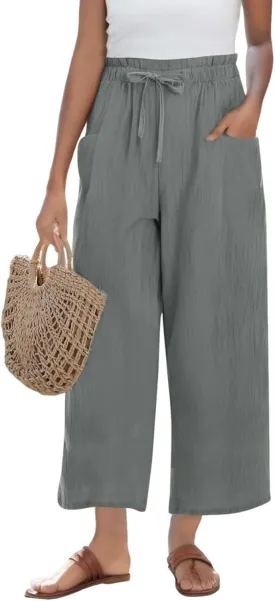 Cropped Linen Pants Women Summer Elastic Waist Wide Leg Crop Pants Casual Drawstring Lightweight Baggy Beach Trousers
