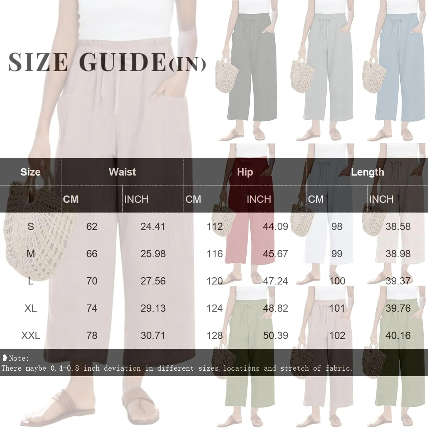 Cropped Linen Pants Women Summer Elastic Waist Wide Leg Crop Pants Casual Drawstring Lightweight Baggy Beach Trousers