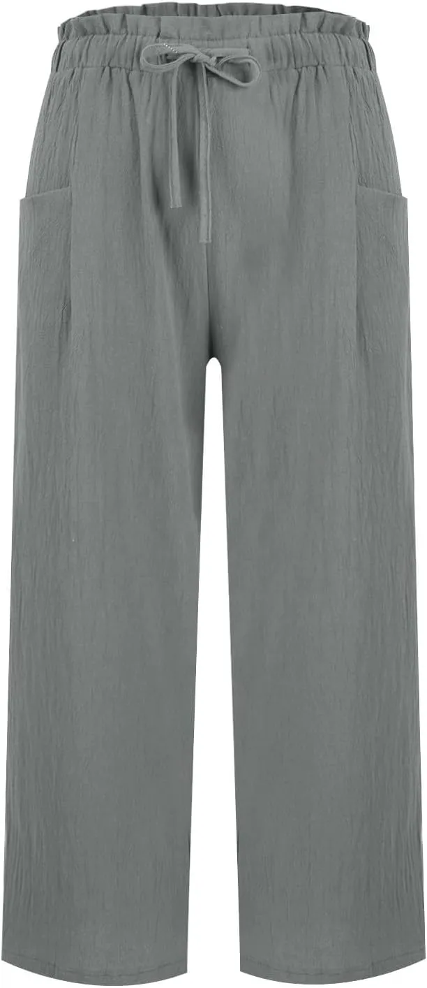 Cropped Linen Pants Women Summer Elastic Waist Wide Leg Crop Pants Casual Drawstring Lightweight Baggy Beach Trousers