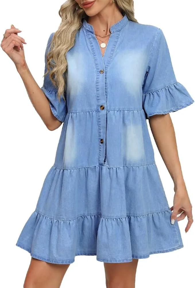 CYLADY Women Denim Dresses Casual V Neck Ruffle Short Sleeve Summer Denim Jean Dress