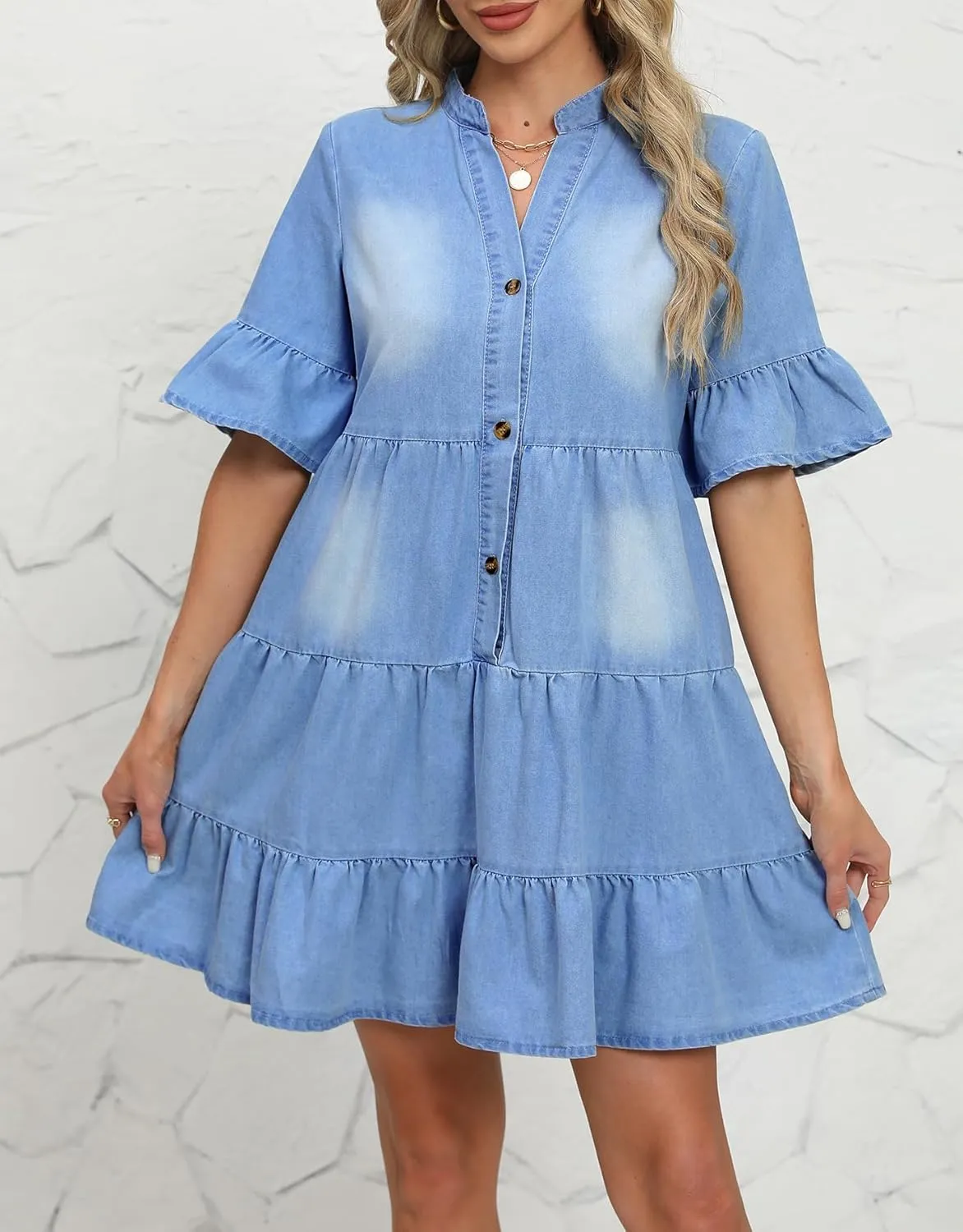CYLADY Women Denim Dresses Casual V Neck Ruffle Short Sleeve Summer Denim Jean Dress